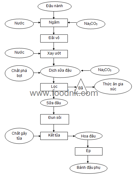 Quy trình sản xuất đậu hũ khá đơn giản. Ngâm đậu cho mềm với nước, nghiền nhỏ thành sữa, lọc, nấu chín để chất đạm (protein) ngưng tụ lại rồi ép thành khuôn